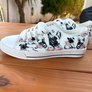 NWB Frenchie Dog and Flowers Canvas Sneakers, Size 9 Women White, Black and Pink